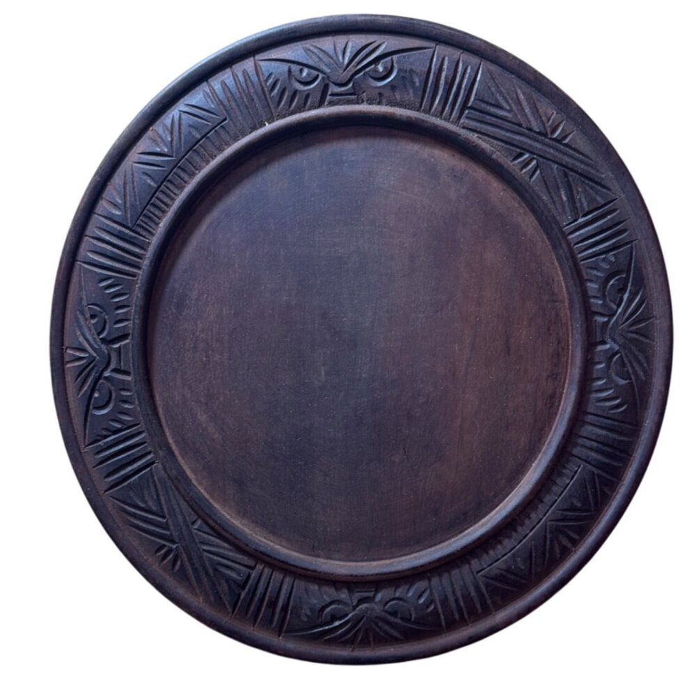 Vintage Hand Carved Round Wooden Plate Bread Plate 12" Round Set Of 4